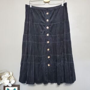 Coldwater Creek Skirt Petite Medium Black Faux Suede Midi Button Front Boho